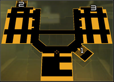 Map legend: 1 - Main staircase; 2 - Fire escape staircase; 3 - Entrance to the ventilation shaft on level three - (10) Peaceful solution: Leaving the main are of the hotel - Hunting the Hacker - Deus Ex: Human Revolution Game Guide