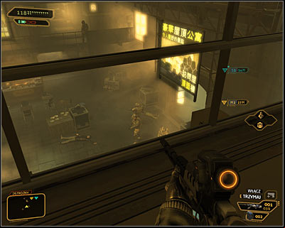If you plan on avoiding enemy units entirely, then you will have to use camouflage often (Cloaking System augmentation) and pay even more attention to guards movements - (10) Peaceful solution: Leaving the main are of the hotel - Hunting the Hacker - Deus Ex: Human Revolution Game Guide
