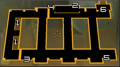 Map legend: 1 - Stairs leading to the cryo-sterilization room; 2 - Exit from the first shaft; 3 - Entrance to the second shaft; 4 - Exit from the second shaft; 5 - Terminal which controls laser beams; 6 - ageway leading to the next area - (4) Peaceful solution: Travelling through the cryo-sterilization room - Searching for Proof - Deus Ex: Human Revolution Game Guide
