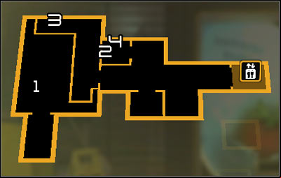 Map legend: 1 - Area where Jensen needs to start climbing; 2 - Electric current switch; 3 - Entrance to the shaft; 4 - Exit from the shaft - (6) Reaching the second elevator - Searching for Proof - Deus Ex: Human Revolution Game Guide