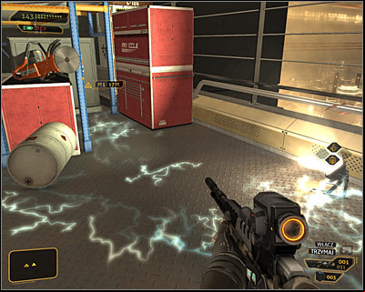 The biggest problem in this room are the discharges mentioned several times before, because they block access to upper shelves, preventing Jensen from reaching the balconies - (6) Reaching the second elevator - Searching for Proof - Deus Ex: Human Revolution Game Guide