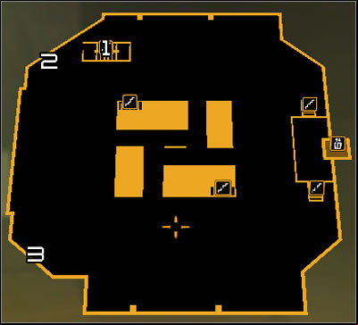 Map legend: 1 - Stairs leading to upper balconies; 2 - Northern control room; 3 - Southern control room - (5) Aggressive solution: Opening the hangar door - Entering the Dragons Lair - Deus Ex: Human Revolution Game Guide