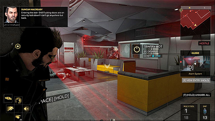 In case of an alarm, you have to watch out for augmented enemies, the robot, and the turret - Securing the Convention Centre - main quest - Apex Convention Centre | Quests and maps - Deus Ex: Mankind Divided Game Guide