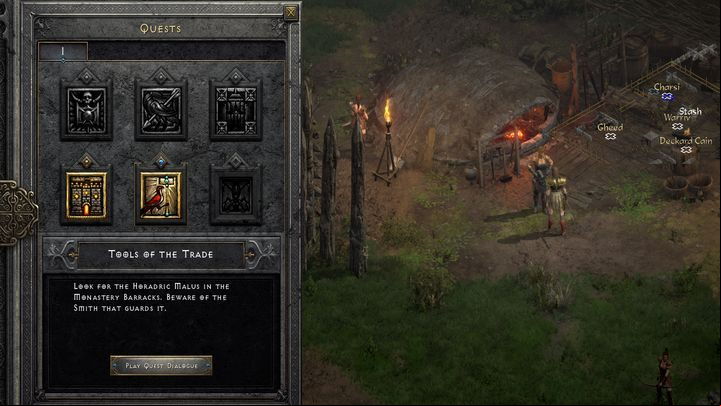 You don't have to talk to Charsi to actually complete the quest - Diablo 2 Resurrected: Tools of the Trade - walkthrough - Act 1 - Diablo 2 Resurrected Guide