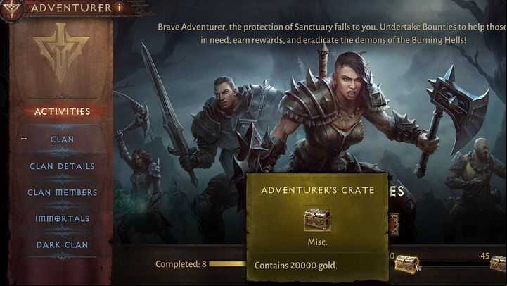 If you belong to a clan, in the Adventurer tab, you will find additional reward chests to collect, with 10, 20 and 30 thousand gold, for 15, 30 and 45 completed Bounties consecutively - only counted when you belong to a clan - Diablo Immortal: Bounties - Activities - Diablo Immortal Guide