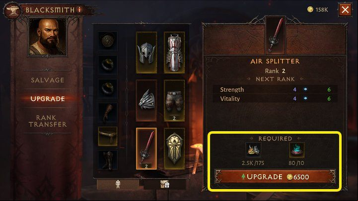 The ranks of items in Diablo Immortal can be raised at the blacksmith, but you will need gold and certain materials for this - Diablo Immortal: Items - how to upgrade? - Character development and items - Diablo Immortal Guide