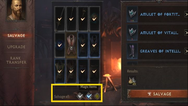 Hint: use the buttons at the bottom of the window to automatically select all items of a specific class - Diablo Immortal: Crafting and upgrading equipment - Crafting and equipping - Diablo Immortal Guide
