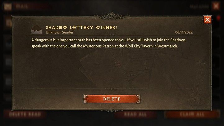 When the lottery ends, you will receive a message from an unknown sender - Diablo Immortal: Shadow Lottery - rules, how to win - Basics - Diablo Immortal Guide