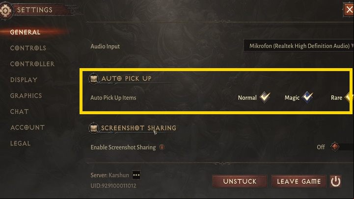 In the game options, you will find the option to automatically pick up items (Auto Pick Up) - Diablo Immortal: Beginners guide - Basics - Diablo Immortal Guide