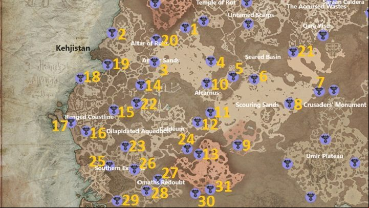 On the map above, we have marked all 31 available Altars of Lilith that you can discover in Kehjistan - Diablo 4: Altars of Lilith - Kehjistan - Altars of Lilith - Diablo 4 Guide