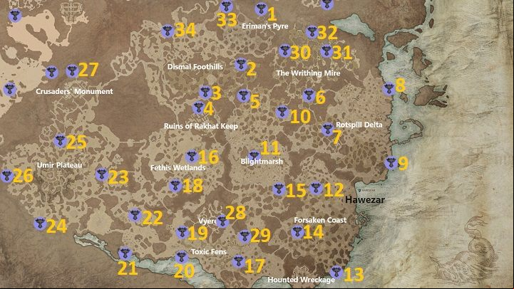 On the map above, we have marked all 34 available Altars of Lilith that you can discover in Hawezar - Diablo 4: Altars of Lilith - Hawezar - Altars of Lilith - Diablo 4 Guide