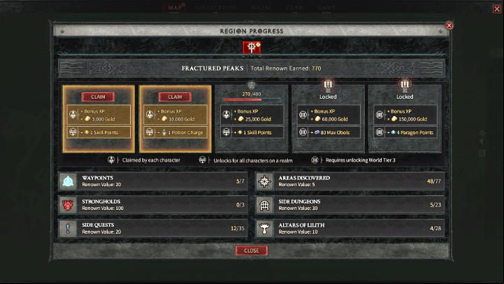 You can access the Diablo 4 world region progress tab from the map - Diablo 4: Beginners Guide - Basics - Diablo 4 Guide