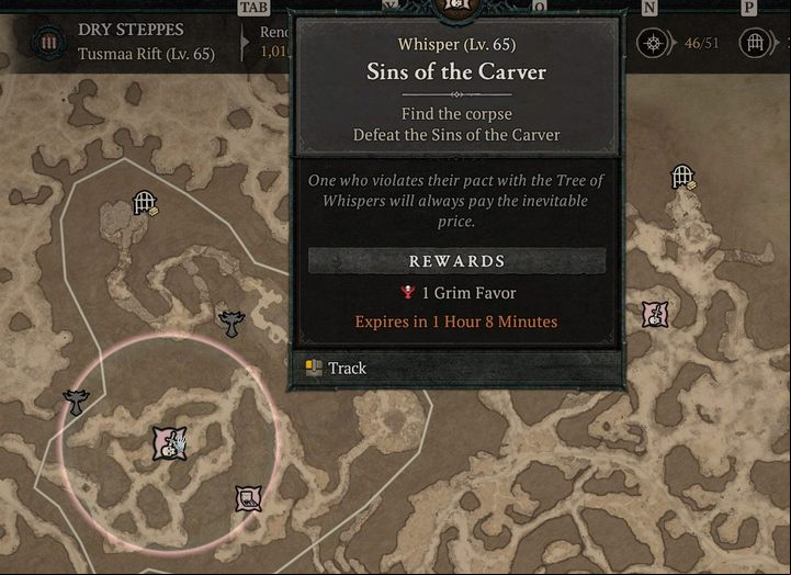 Objectives from the Tree of Whispers can be found on the map - they are marked with pink icons. - Diablo 4: Whispers of the Dead, Tree of Whispers and Grim Favors - End game - Diablo 4 Guide