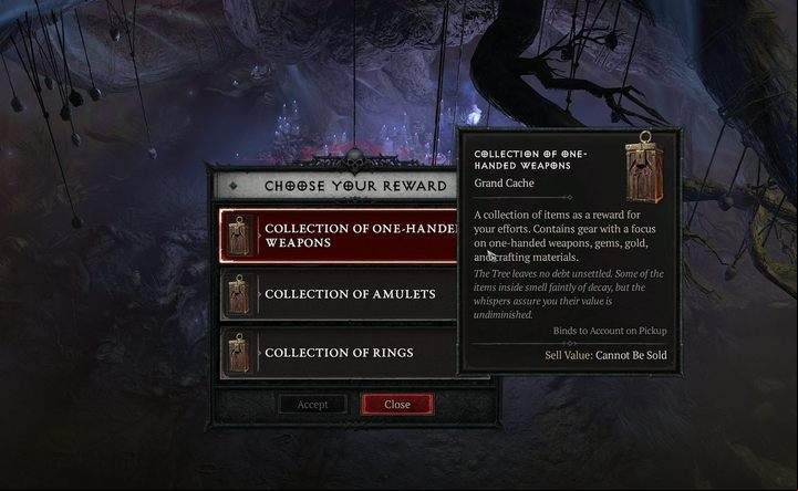 Occasionally at random times, you will find orange chests to choose from at the Tree of Whispers. It is worth choosing them because, unlike white rewards, they have a guaranteed Legendary item as a reward. - Diablo 4: Whispers of the Dead, Tree of Whispers and Grim Favors - End game - Diablo 4 Guide