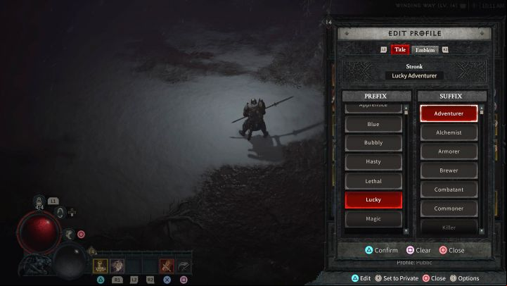 Press the Edit button (Triangle/Y on gamepad) Two columns will appear - Diablo 4: How to change Player Title? - Character - Diablo 4 Guide