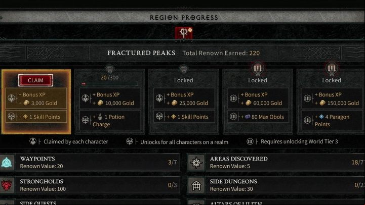 In each region, you can earn 5 levels of Renown - Diablo 4: How to get Renown? - Campaign - Diablo 4 Guide