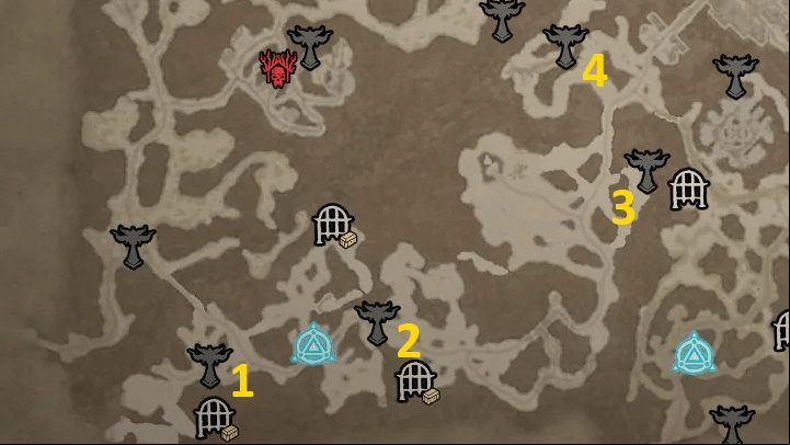There are 4 Altars in the Desolate Highland - Diablo 4: Altars of Lilith map - Fractured Peaks - Altars of Lilith - Diablo 4 Guide
