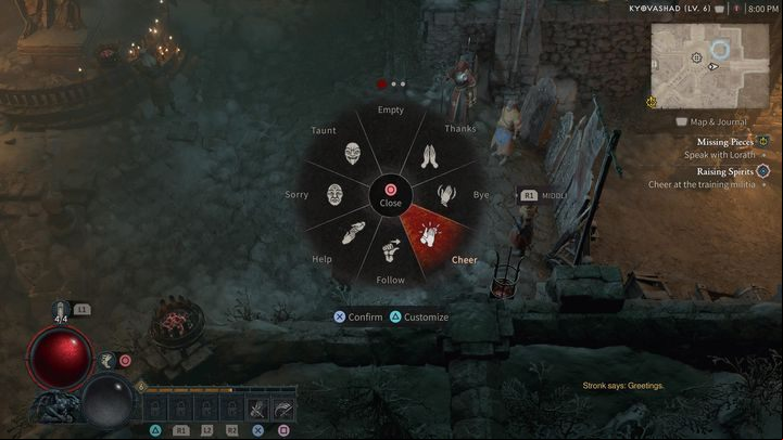 To continue the quest, you need to open the Emotes window (E on the keyboard or up on the d-pad), which are usually used to communicate with other players (more on this on the How to use emotes - Diablo 4: How to use an emote in the Raising Spirits quest? - Campaign - Diablo 4 Guide