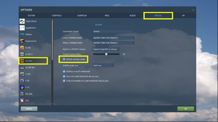 The monocle options can be found in the Settings and the SPECIAL tab for the AH-64D - DCS AH-64D Apache: Pilot/G Cockpits and Controls - Basics - DCS AH-64 Apache Guide
