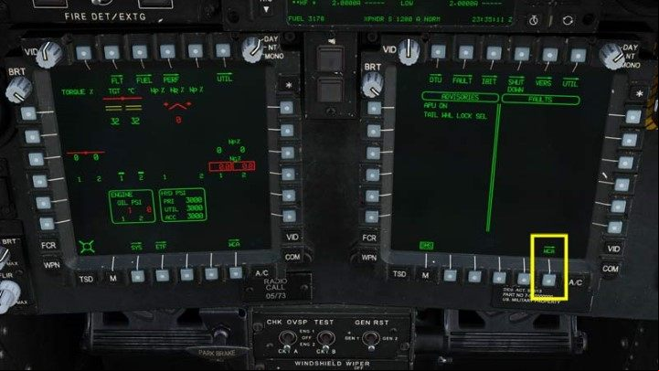 On the DMS screen, select the WCA (Warning/Caution/Advisory) screen option - DCS AH-64D Apache: Cold Start - flight preparation - Flight and Navigation - DCS AH-64 Apache Guide