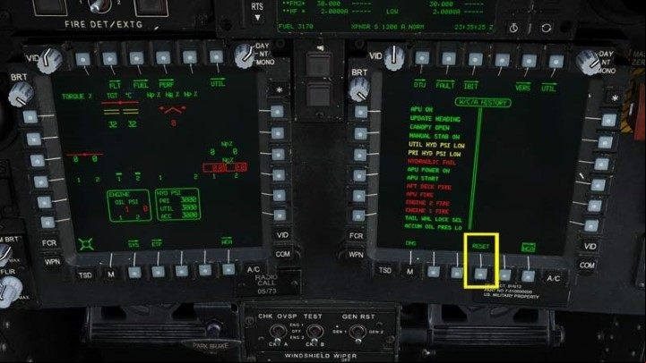 Press RESET to clear all errors - colored outlines of messages will disappear - DCS AH-64D Apache: Cold Start - flight preparation - Flight and Navigation - DCS AH-64 Apache Guide