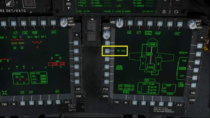 Activate the C-AUX function - the "Robbie Tank" additional fuel tank - DCS AH-64D Apache: Cold Start - flight preparation - Flight and Navigation - DCS AH-64 Apache Guide