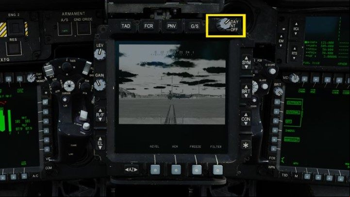 Turn on the TADS targeting system screen by turning the switch to DAY (or NT at night) - DCS AH-64D Apache: Cold Start - flight preparation - Flight and Navigation - DCS AH-64 Apache Guide