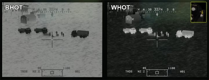 Separate settings will be necessary for the different polarities of the FLIR infrared camera (BHot, WHot) - TADS - Target Acquisition and Designation Sight - Systems and Sensors - DCS AH-64 Apache Guide