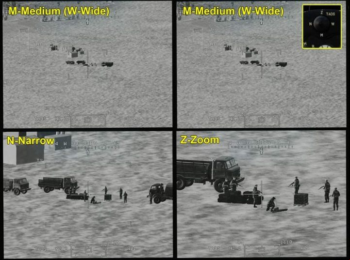 The DayTV camera doesn't have the Wide option, but it does offer a much greater zoom - TADS - Target Acquisition and Designation Sight - Systems and Sensors - DCS AH-64 Apache Guide