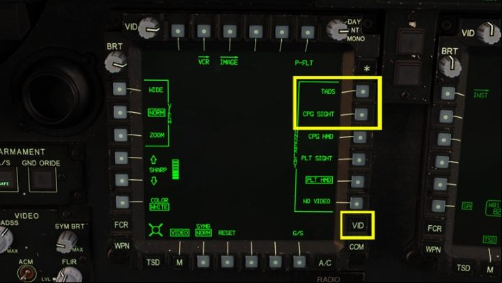 Press the VID button on one of the MPD monitors - TADS - Target Acquisition and Designation Sight - Systems and Sensors - DCS AH-64 Apache Guide