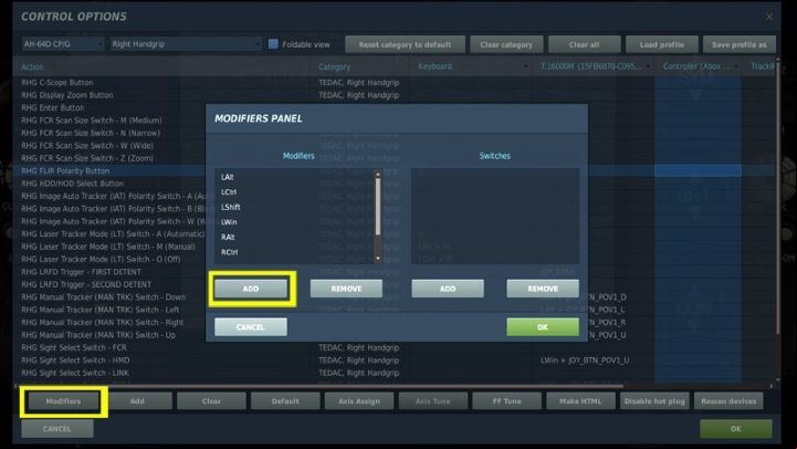 Select the control settings and enter the MODIFIERS option - TADS - Target Acquisition and Designation Sight - Systems and Sensors - DCS AH-64 Apache Guide