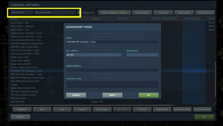 Select the G AH-64D category and the AXIS COMMANDS subcategory - TADS - Target Acquisition and Designation Sight - Systems and Sensors - DCS AH-64 Apache Guide