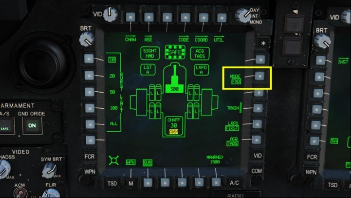Select the gun operating mode: NORM - normal - the gun aims automatically where the crosshair is looking or FXD - fixed - the gun is set to a fixed point in front of the helicopter, calibrated at a distance of 1575 meters - DCS AH-64D Apache: M230 30mm Chain Gun AWS - Weapons Employment - DCS AH-64 Apache Guide