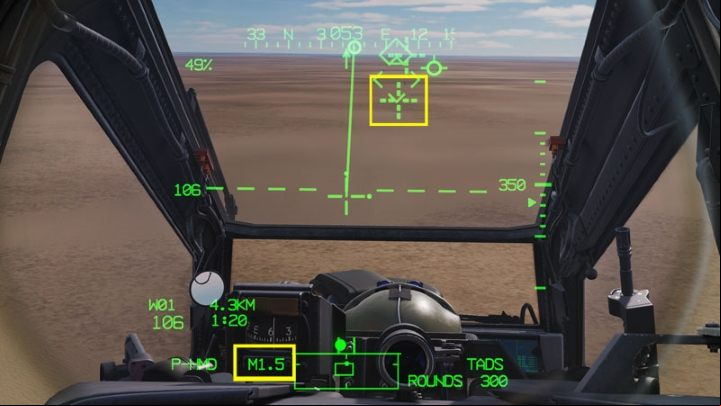 In FXD mode, the Chain Gun is permanently aimed at a specific point in front of the helicopter, at a distance of 1575 meters - DCS AH-64D Apache: M230 30mm Chain Gun AWS - Weapons Employment - DCS AH-64 Apache Guide