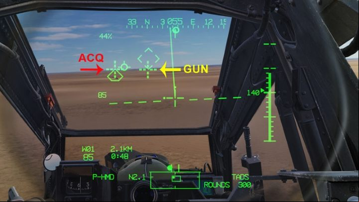 Pay attention not to confuse the Cued LOS Reticle sights, because the one from the Chain Gun in FXD mode is identical to the crosshair of the "acquisition" source - DCS AH-64D Apache: M230 30mm Chain Gun AWS - Weapons Employment - DCS AH-64 Apache Guide