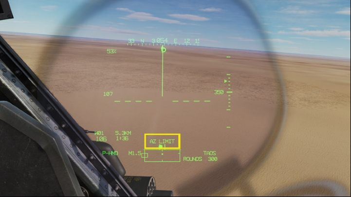 Azimuth Limit occurs when the sight is pointed too far to the left or too far to the right than the gun barrel turret can rotate to - DCS AH-64D Apache: M230 30mm Chain Gun AWS - Weapons Employment - DCS AH-64 Apache Guide