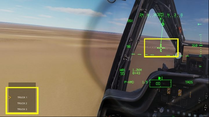 Point the LOS Reticle cross at the target area and press - George Interface UP SHORT to have the G search for available targets - DCS AH-64D Apache: M230 30mm Chain Gun AWS - Weapons Employment - DCS AH-64 Apache Guide