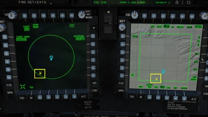 Any detected threat is displayed on the ASE screen as a yellow triangle relative to the aircraft's heading - DCS AH-64D Apache: ASE - Aircraft Survivability Equipment - Systems and Sensors - DCS AH-64 Apache Guide