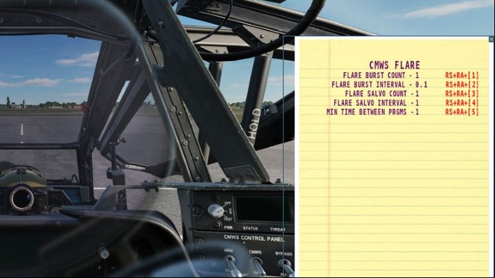 The flare dispenser programs can be set in the mission editor or on the ground with the engines turned off using the kneeboard - DCS AH-64D Apache: ASE - Aircraft Survivability Equipment - Systems and Sensors - DCS AH-64 Apache Guide