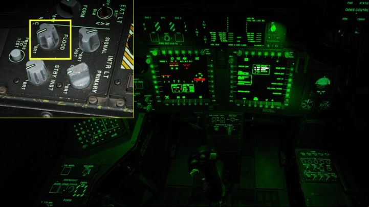The FLOOD knob adjusts the brightness of the entire cockpit illumination - DCS AH-64D Apache: PNVS - Pilot Night Vision System - how to use night vision? - Systems and Sensors - DCS AH-64 Apache Guide