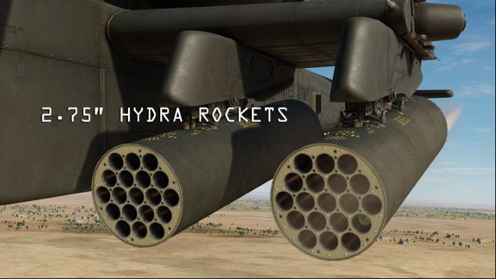 Four M261 containers can hold 19 Hydra 70 unguided rockets each with a HE (High Explosive), smoke or light charge - DCS AH-64D Apache: Introduction - Basics - DCS AH-64 Apache Guide