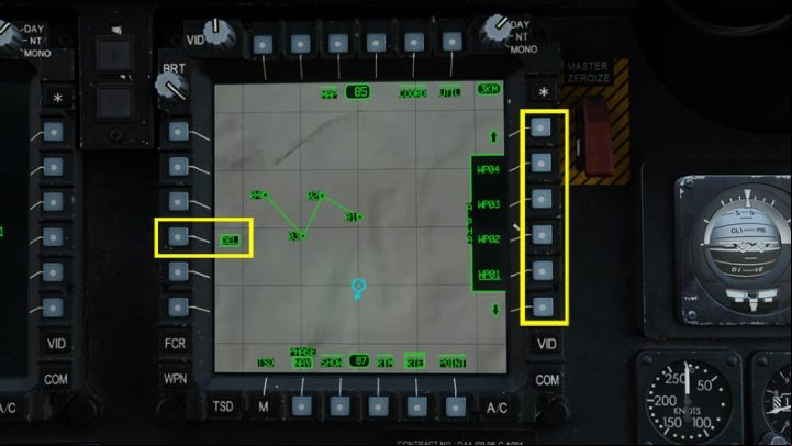 Select the RTE menu, then click the DEL button followed by a desired route point from the list on the right - DCS AH-64D Apache: TSD - Tactical Situation Display - Systems and Sensors - DCS AH-64 Apache Guide