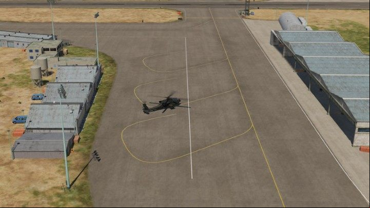 If you don't know the landing site, press the F2 key to look around for a convenient take-off place or path to the runway - DCS AH-64D Apache: Taxi and Take Off - Flight and Navigation - DCS AH-64 Apache Guide