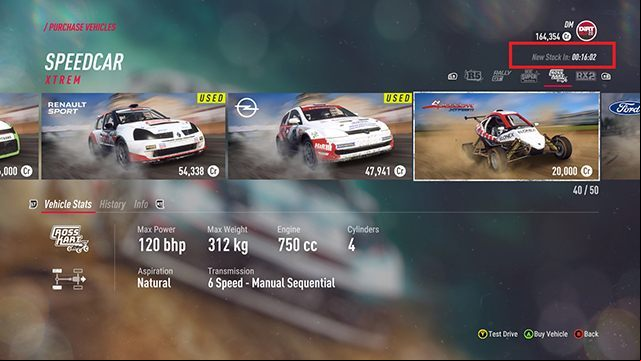 The counter in the upper right corner of the screen informs you when the offer is going to be refreshed. The cars marked with yellow are used - they are cheaper, but in most cases damaged. - Best cars for the beginning in DiRT Rally 2.0 - Basics - DiRT Rally 2.0 Guide