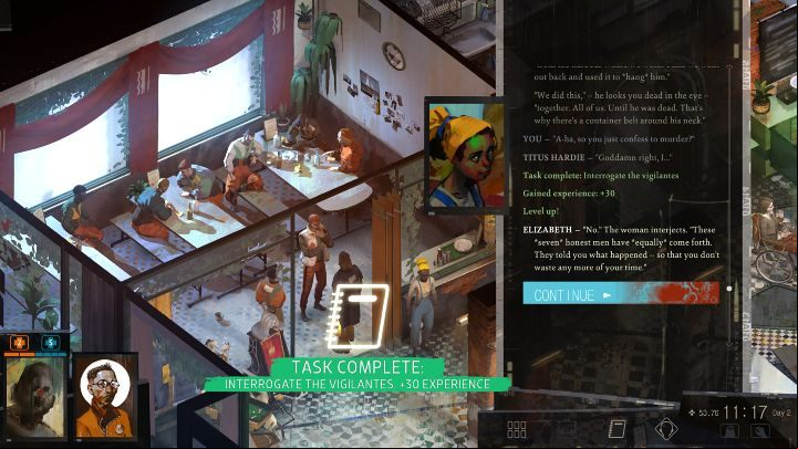 Before you can talk to Titus (leader of the Hardie Boys group), you'll first have to speak to Elizabeth - the woman who previously sat outside the hotel building - Disco Elysium: Interrogate the vigilantes - walkthrough - Body identification - Disco Elysium Guide