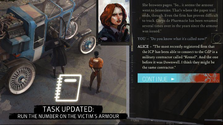 Next morning, talk to Alice and see what she managed to determine - Disco Elysium: Run the number on the victims armour - walkthrough - Body identification - Disco Elysium Guide