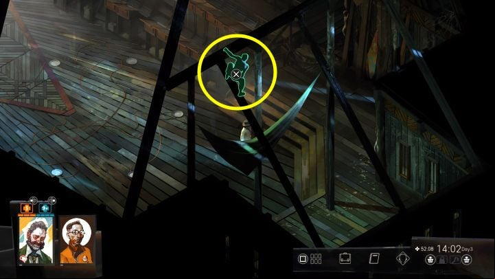 The Spooker is a mysterious figure that will appear at the ceiling of the church - we marked it in the screenshot - Disco Elysium: Help Ravers start a nightclub - walkthrough - Church and the Ravers - Disco Elysium Guide