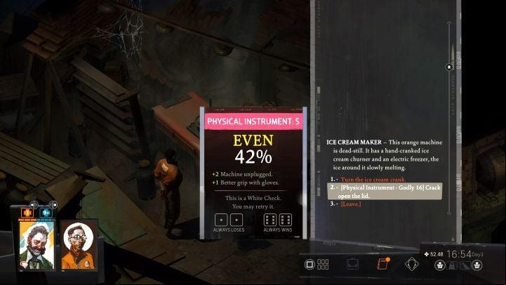 In order to forcibly open the ice cream maker, you have to a difficult Physical Instrument skill check - using Soona's Multi-Tool and disconnecting the power supply (nearby fuse box) will help you it - Disco Elysium: Help Soona with her project - walkthrough - Church and the Ravers - Disco Elysium Guide