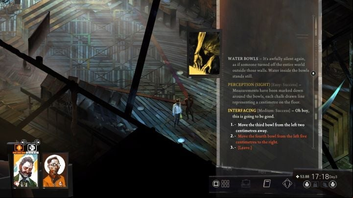 Go to the southeast part of the church and interact with the water bowls (see the screenshot) - Disco Elysium: Help Soona with her project - walkthrough - Church and the Ravers - Disco Elysium Guide
