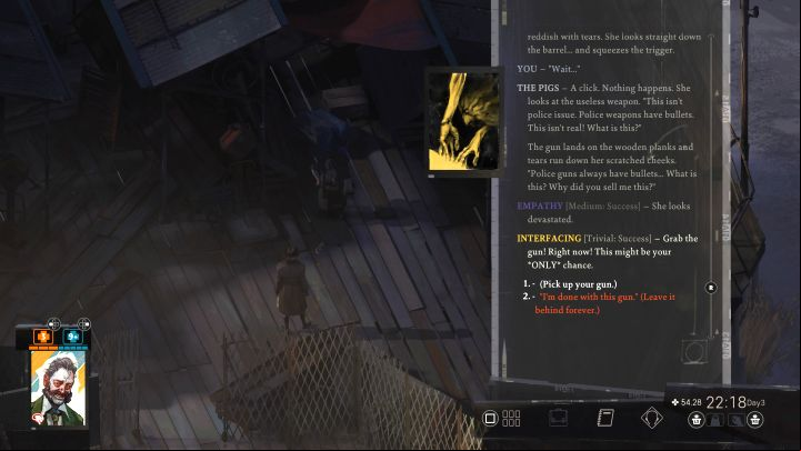 Regardless of the skill check's result, the weapon will land on the ground - Disco Elysium: Confront the Pigs and get your gun back - walkthrough - Personal - Disco Elysium Guide